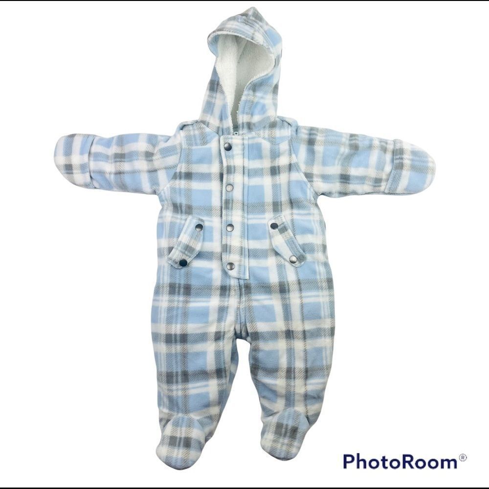 First Impressions Snow Suit Size 3-6 Months 12-17 lbs Blue White Plaid Flannel